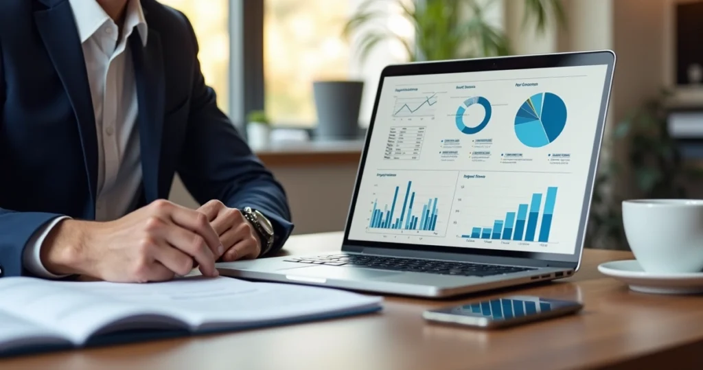 Pessoa analisando gráficos e documentos financeiros em laptop para due diligence corporativa