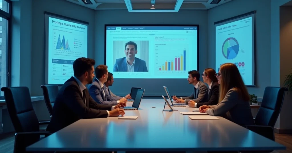 Equipe profissional reunida em sala moderna analisando relatórios de compliance e riscos corporativos