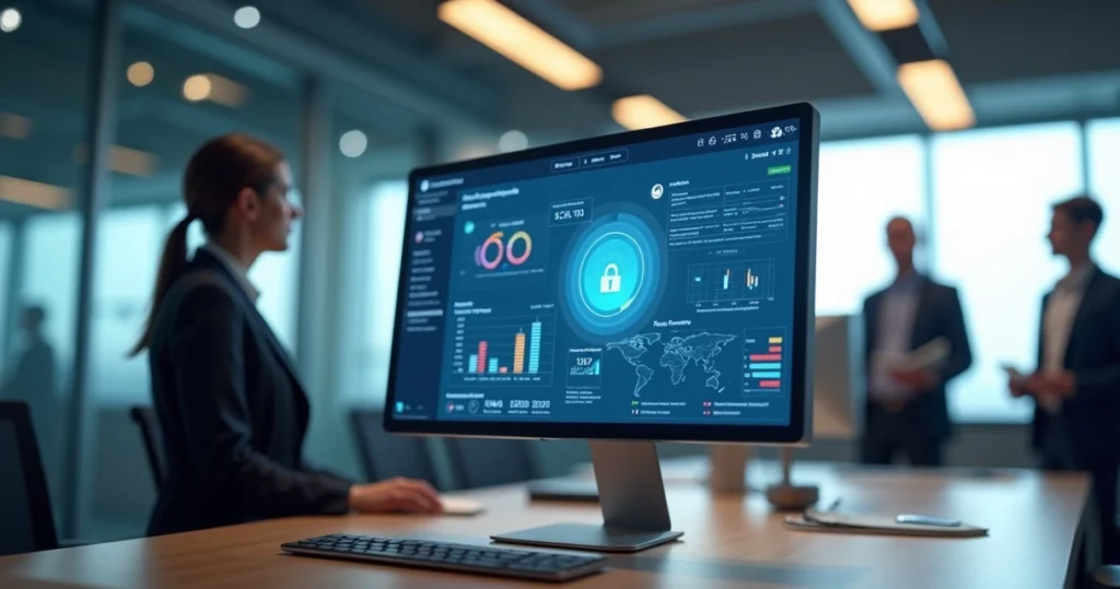 Tela de computador exibindo painel de controle de canal de denúncia compliance com gráficos e notificações em ambiente corporativo moderno