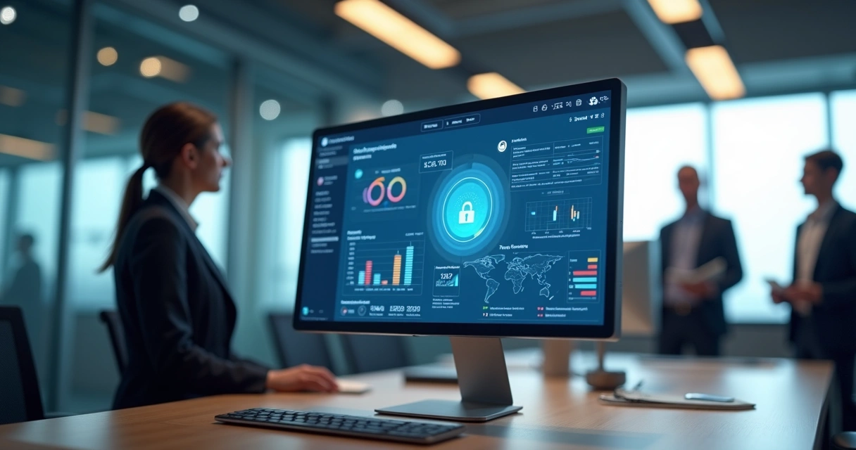Tela de computador exibindo painel de controle de canal de denúncia compliance com gráficos e notificações em ambiente corporativo moderno