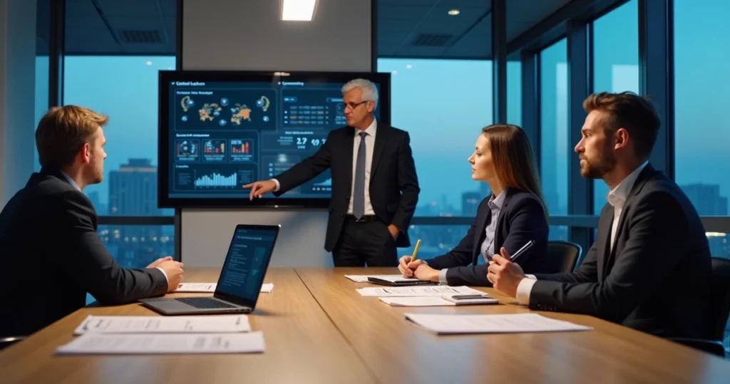 Equipe de compliance analisando relatórios de canal de denúncia em escritório moderno