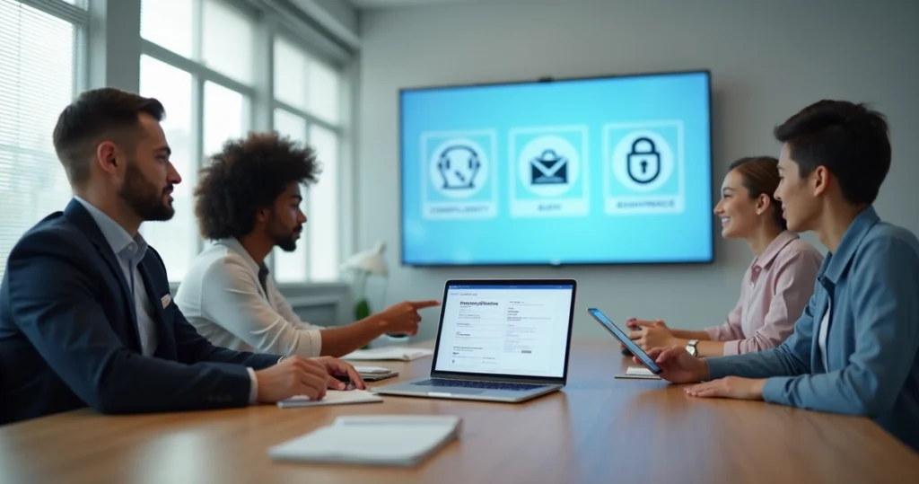 Funcionário usando canal digital de denúncias trabalhistas em notebook no escritório