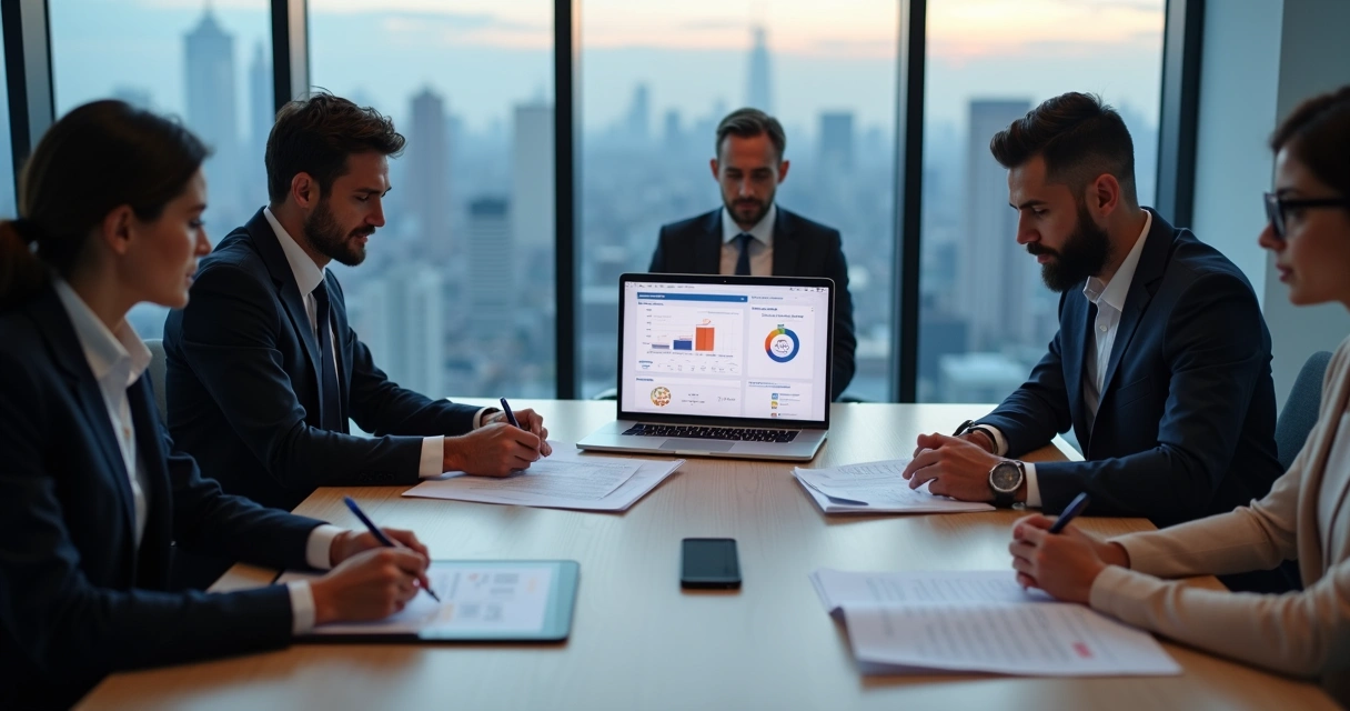 Executivos analisando documentos e gráficos de risco em mesa de reunião moderna