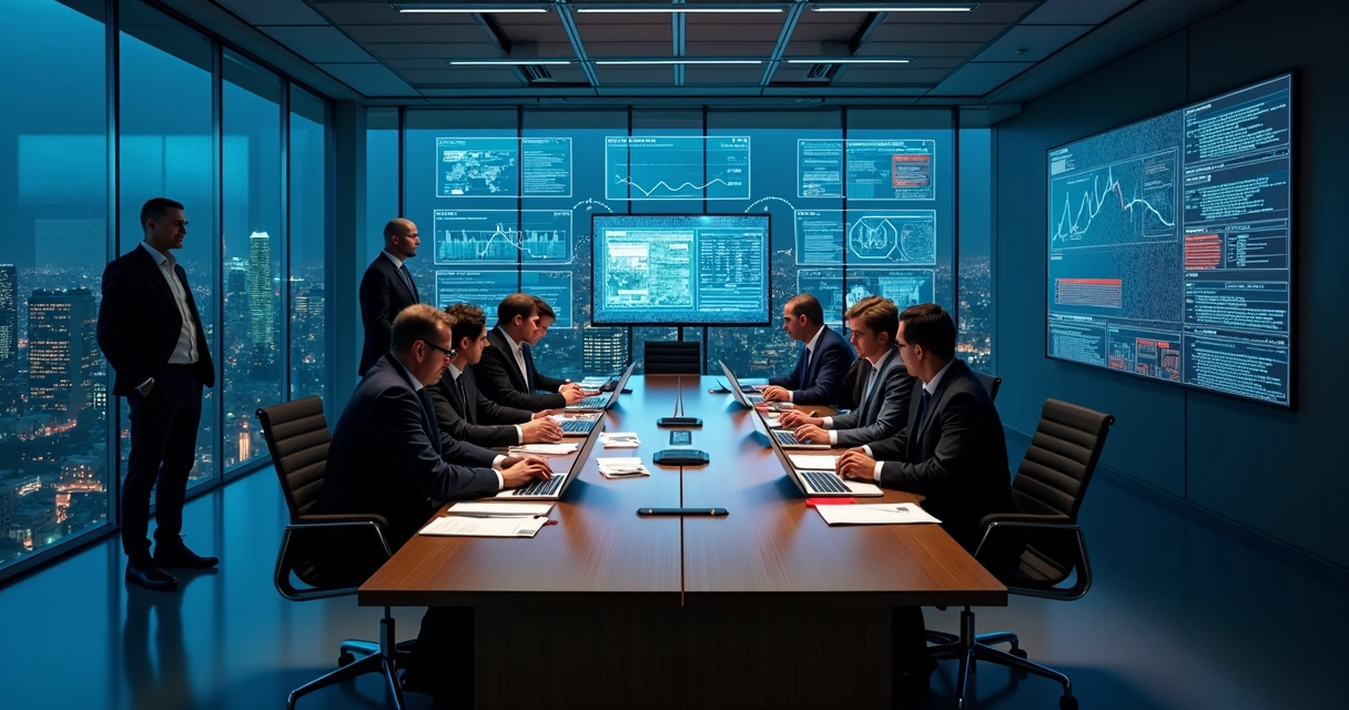 Equipe de executivos analisando documentos e dados em sala de crise corporativa