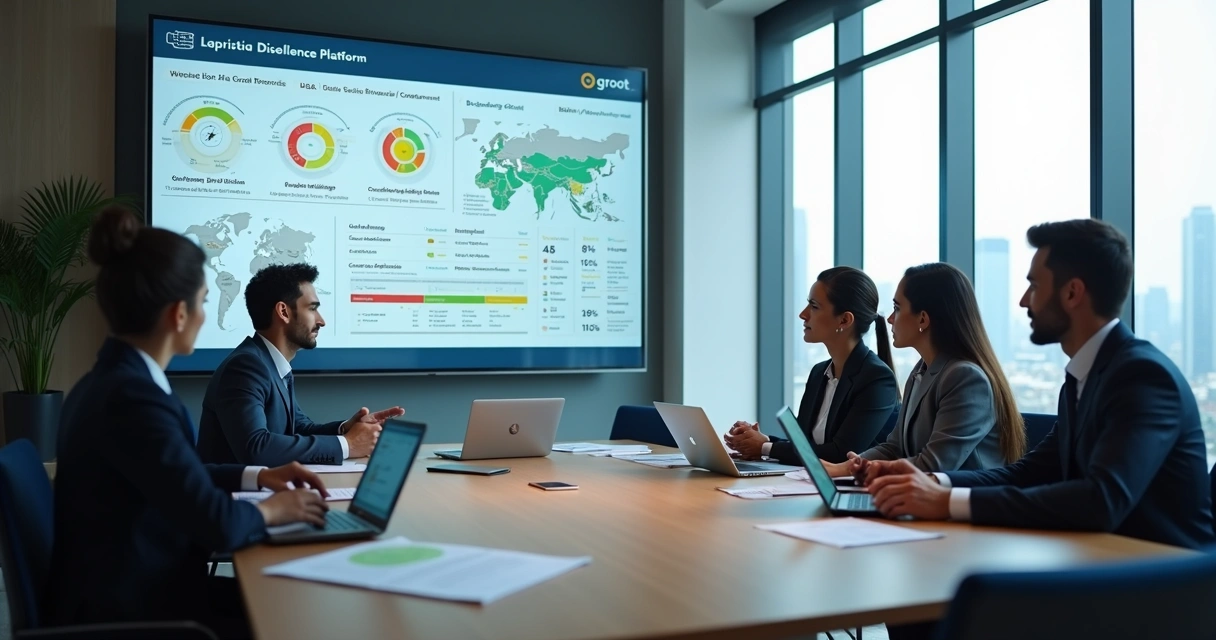 Gestores analisando painel digital de due diligence em ambiente corporativo moderno