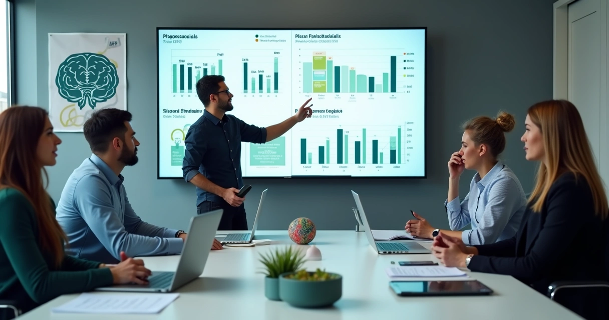 Gestores analisando riscos psicossociais em reunião de segurança do trabalho