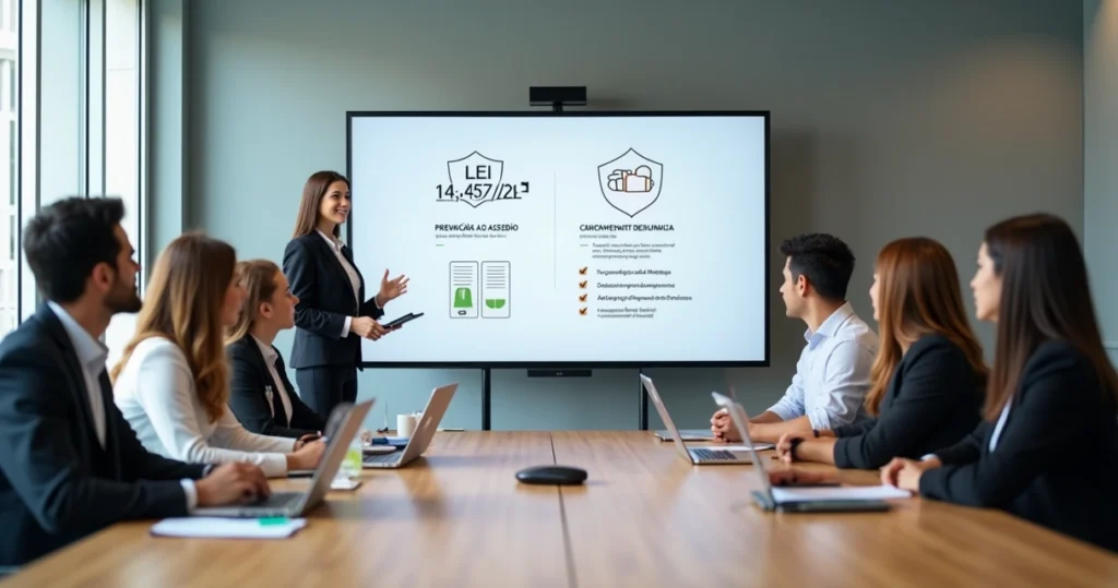 Reunião corporativa sobre prevenção de assédio e canal de denúncias