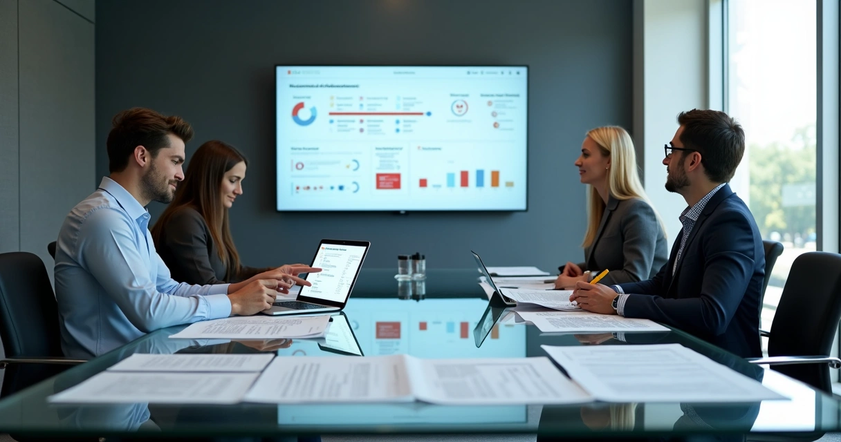 Equipe corporativa analisando documentos e riscos em processo de due diligence