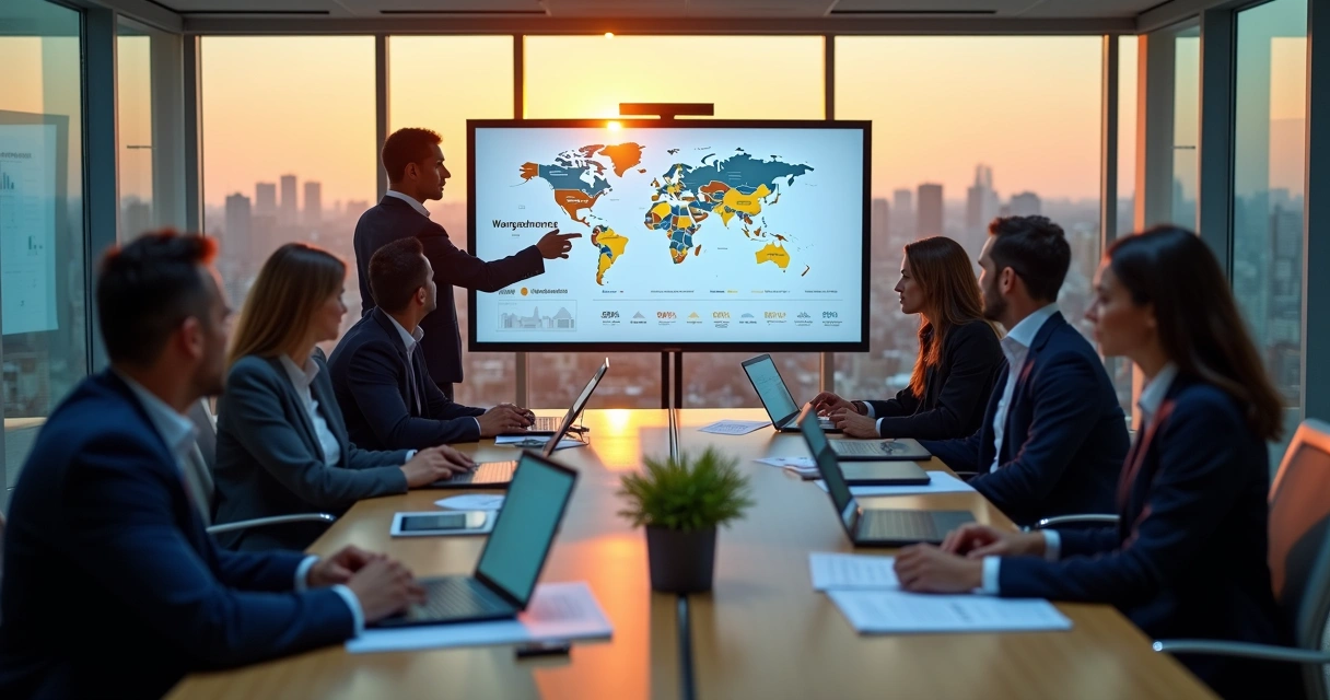 Equipe de executivos analisando relatórios ESG e riscos de parceiros em reunião corporativa