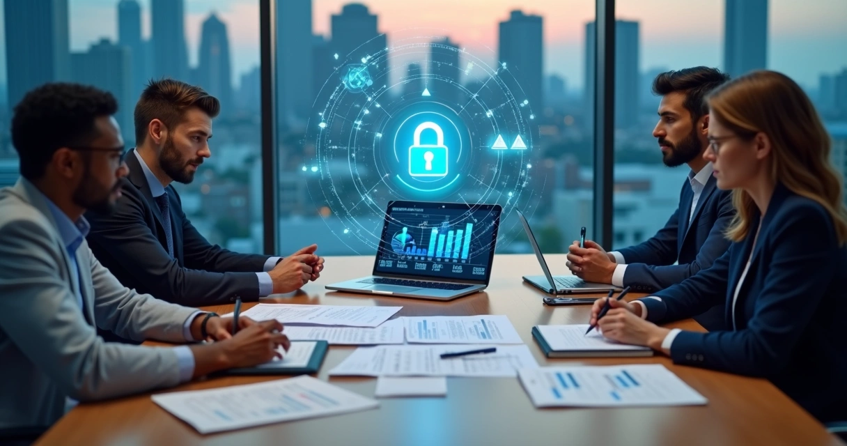 Equipe executiva analisando documentos financeiros com cadeado digital sobreposto em tela