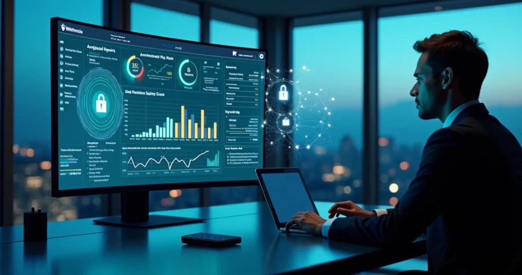 Profissional de compliance analisando painel digital de canal de denúncias com IA
