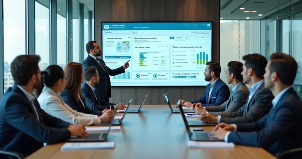 Equipe executiva analisando painel de canal de denúncias em ambiente corporativo moderno