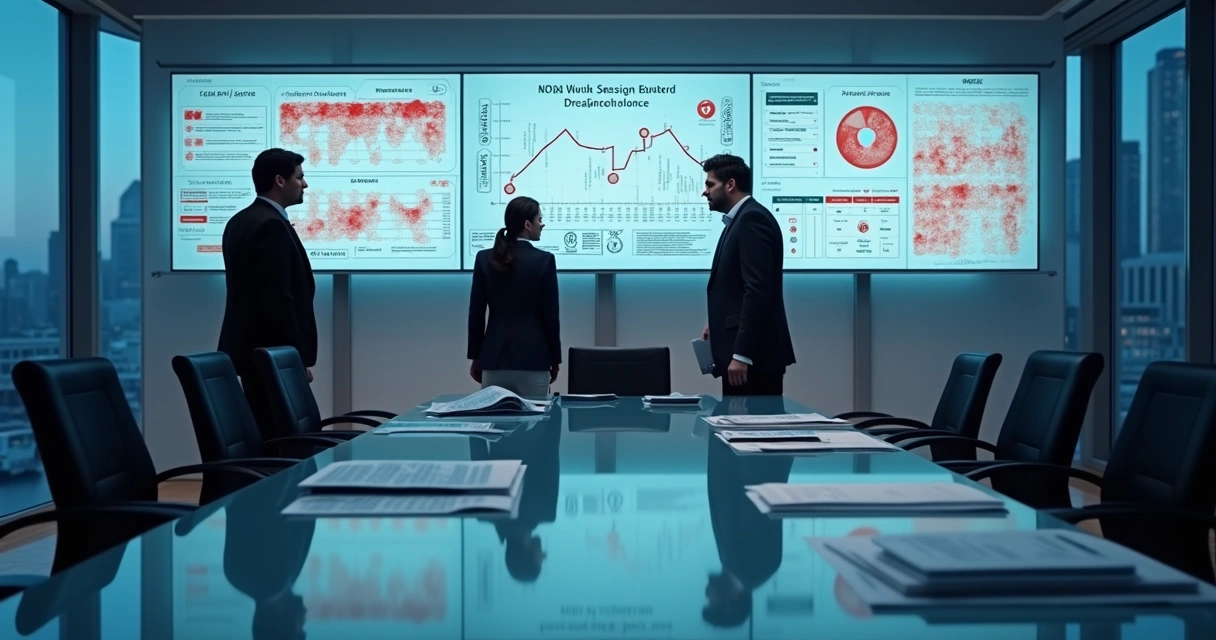 Executivos analisando riscos em fusão empresarial diante de painéis digitais