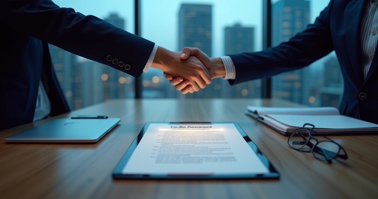 Executivos apertando as mãos sobre contrato de confidencialidade com assinatura digital em destaque