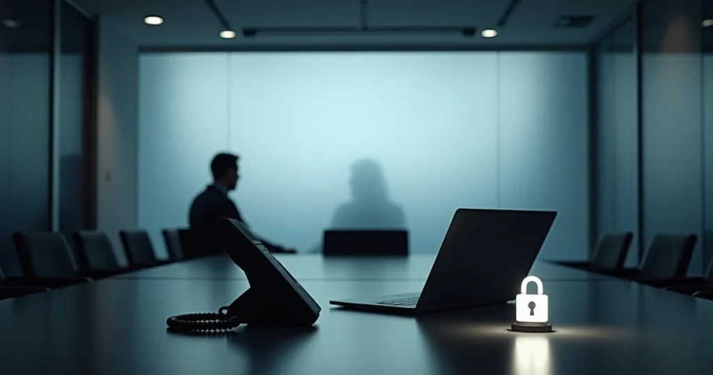 Silhueta anônima atrás de vidro fosco em escritório corporativo