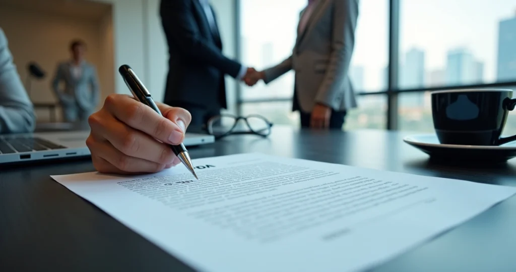 Diretora assinando NDA de confidencialidade em mesa com documento destacado