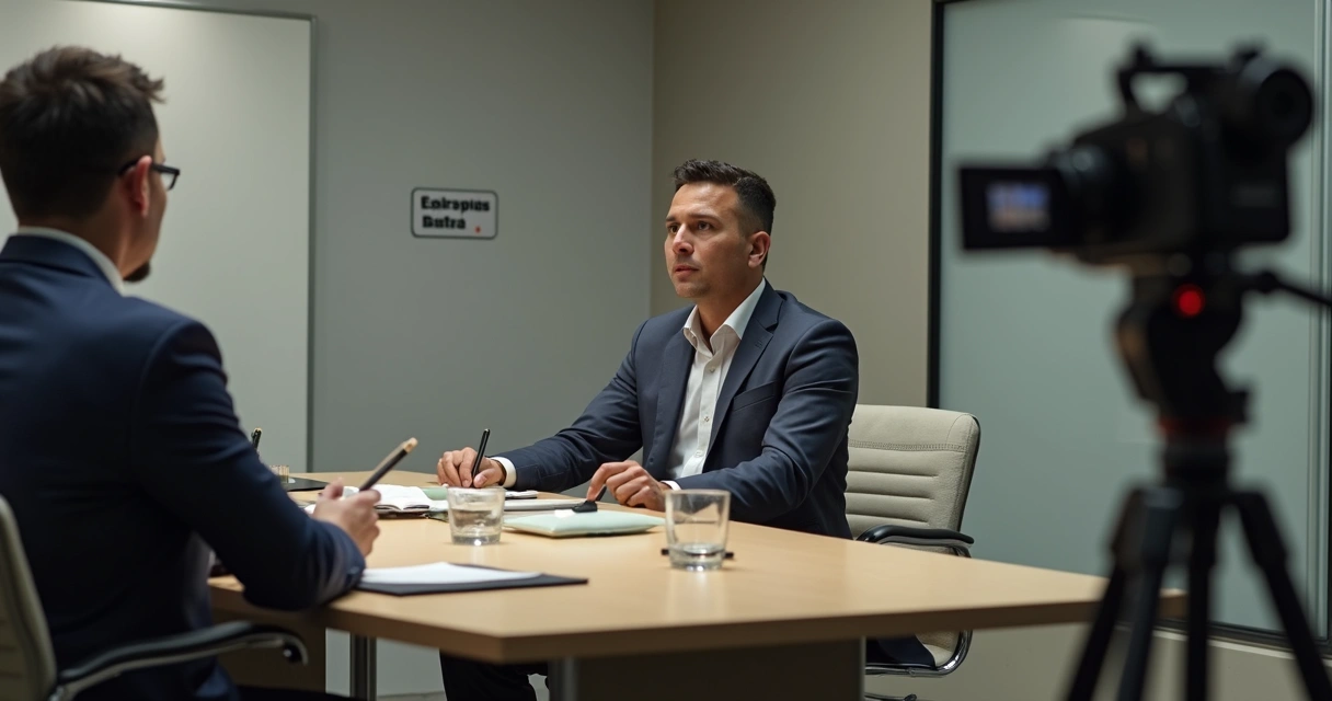 Sala de entrevista forense com câmera e mesa de diálogo