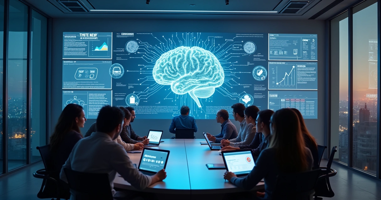 Sala corporativa com painel digital mostrando governança de IA e controles de risco