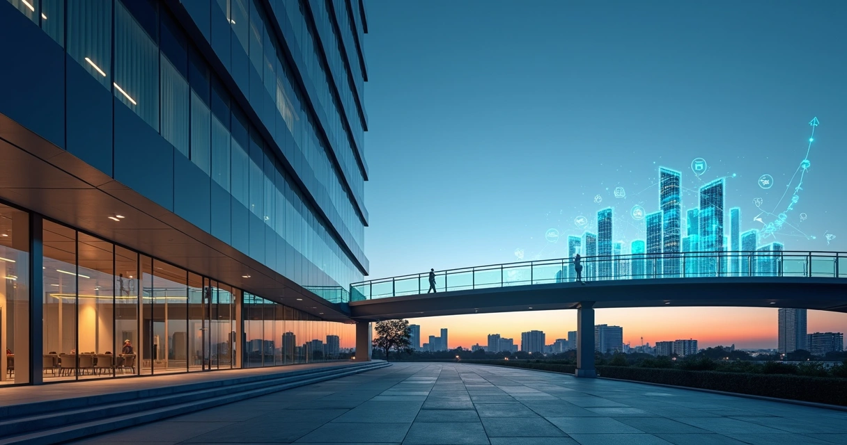 Ponte iluminada ligando prédio de empresa a ícones de tecnologia e ética corporativa