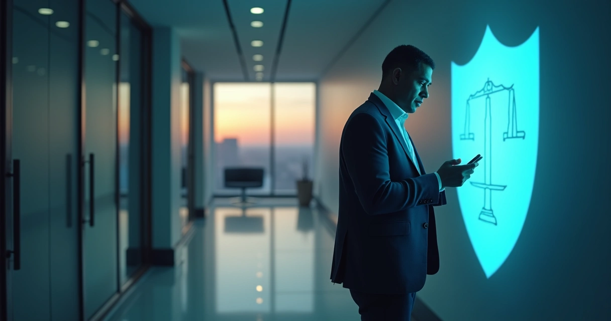 Pessoa usando telefone em corredor de empresa com sombra protegida por escudo de luz