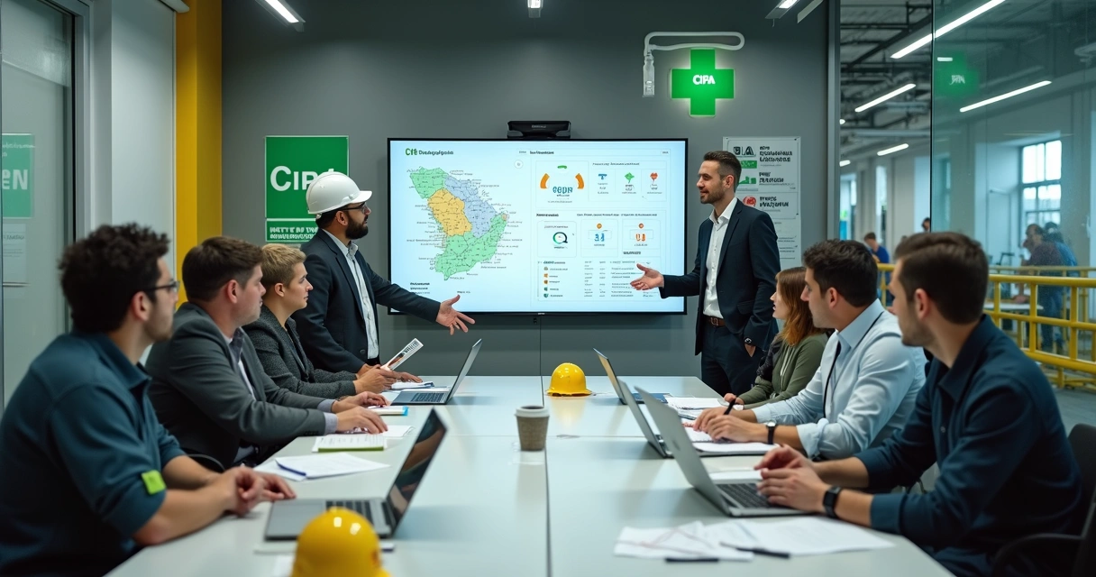 Reunião de CIPA em fábrica com gestor de RH apontando gráfico de segurança