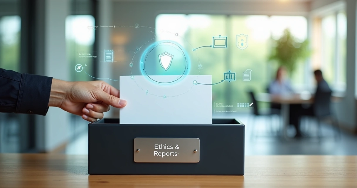 Pessoa depositando denúncia anônima em caixa de ética protegida por símbolo de segurança digital