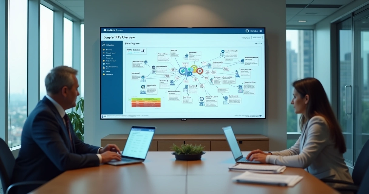 Gestores analisam matriz de risco de fornecedores em painel digital em sala de reunião