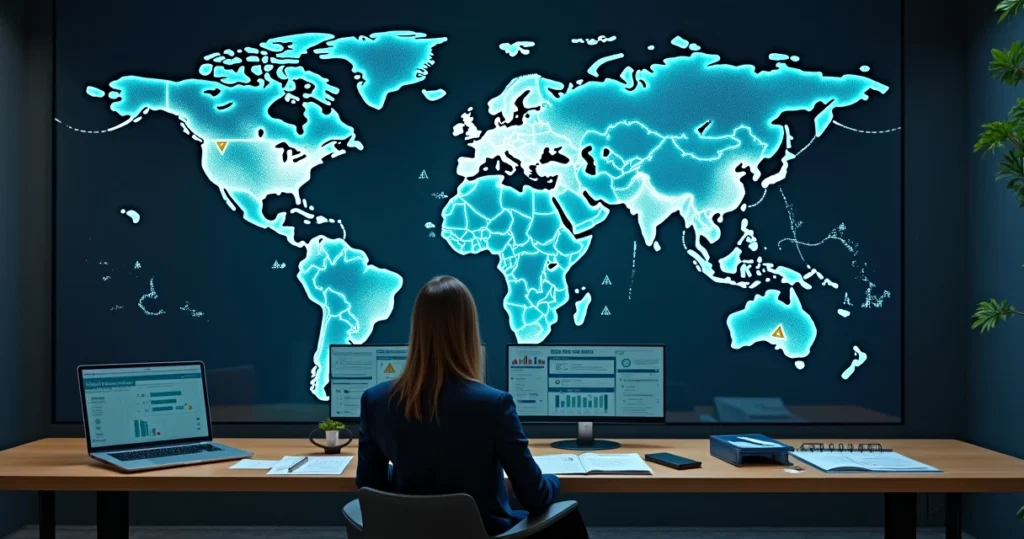 Gestora analisando cadeia de fornecedores interligada em mapa digital