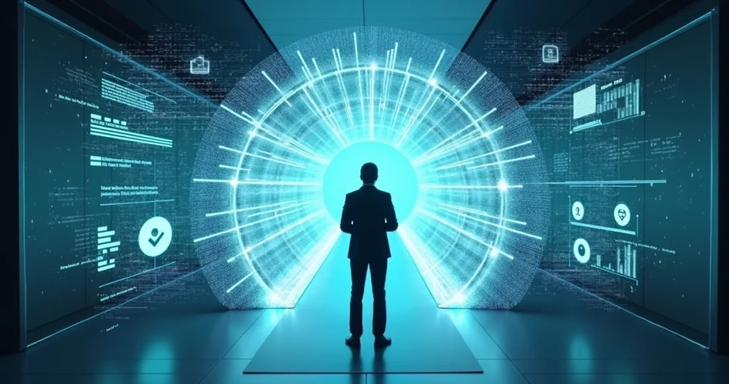 Gestor observa túnel digital com ícones de segurança e check de KYC