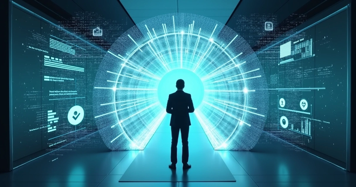 Gestor observa túnel digital com ícones de segurança e check de KYC