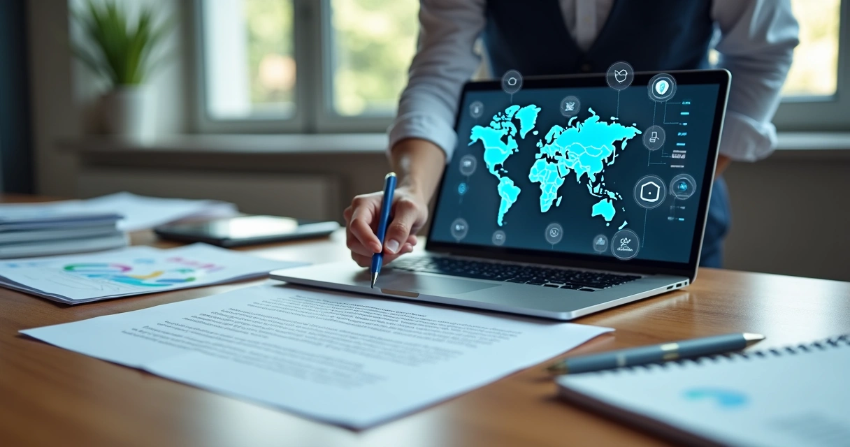 Mesa de trabalho com contratos e ícones digitais representando análise de parceiros de negócios