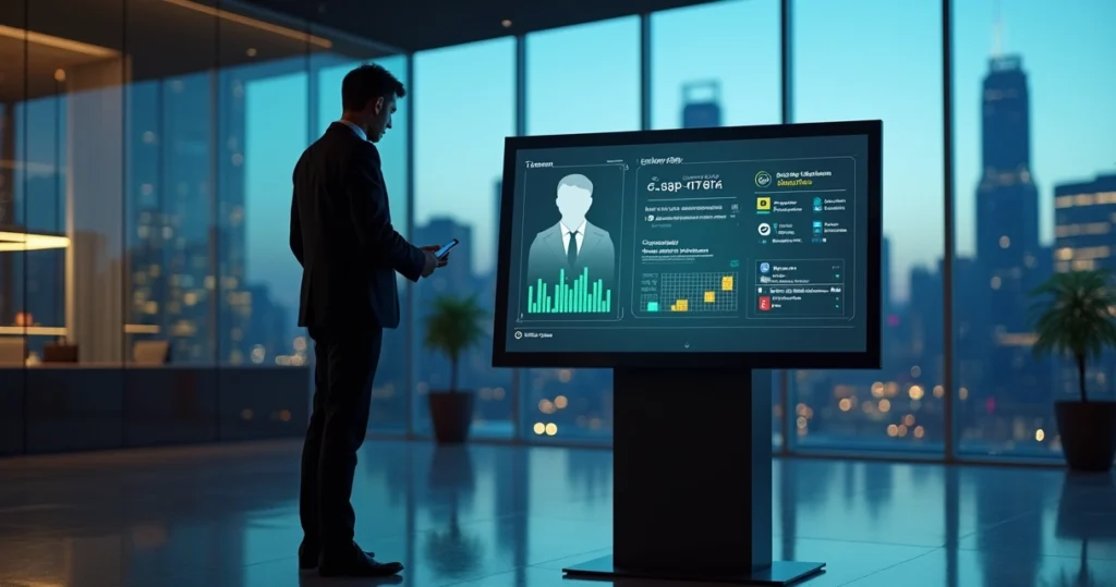 Profissional analisa painel digital com identidade de cliente e indicadores de risco
