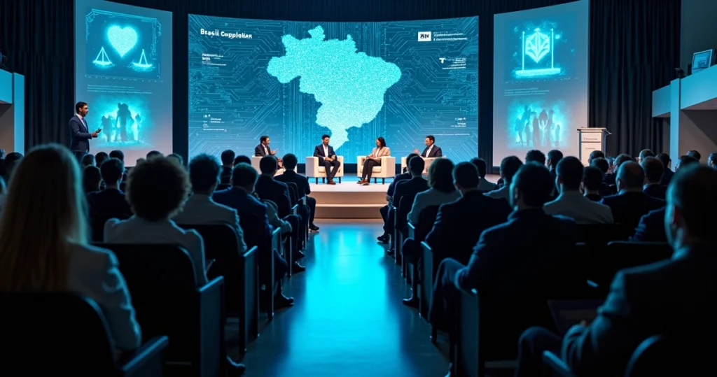 Auditório com painel digital conectando símbolos do direito e tecnologia jurídica